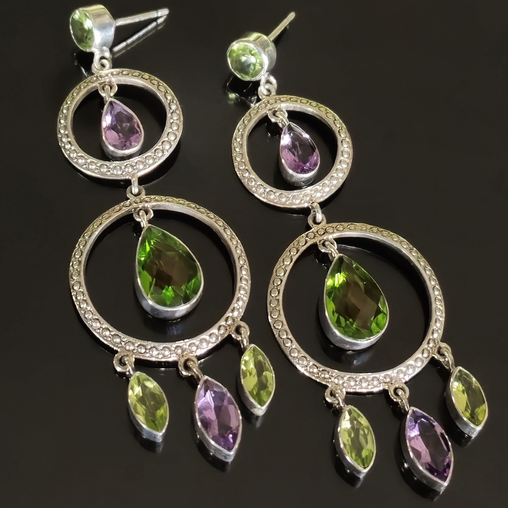 NICKY BUTLER 925 Sterling Silver One of a Kind Amethyst Peridot Earrings NWT 3"